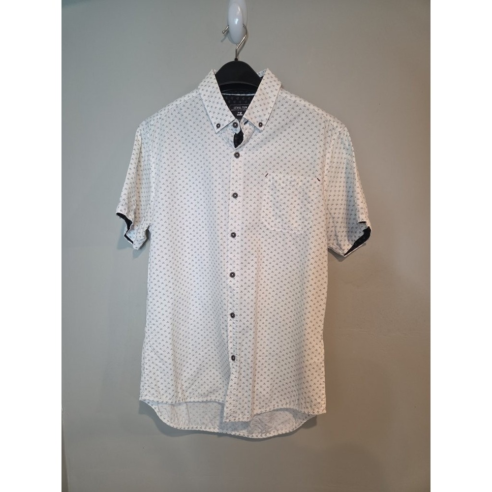 Level Ten Mens Small White Geometric Print Short Sleeve Button Down Shirt Modern